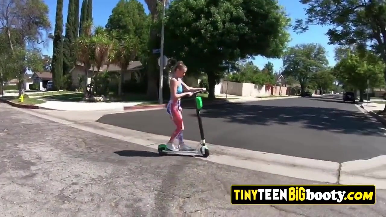 Tiny teen 18+ On Electric Kick Scooter Rides Step And Huge