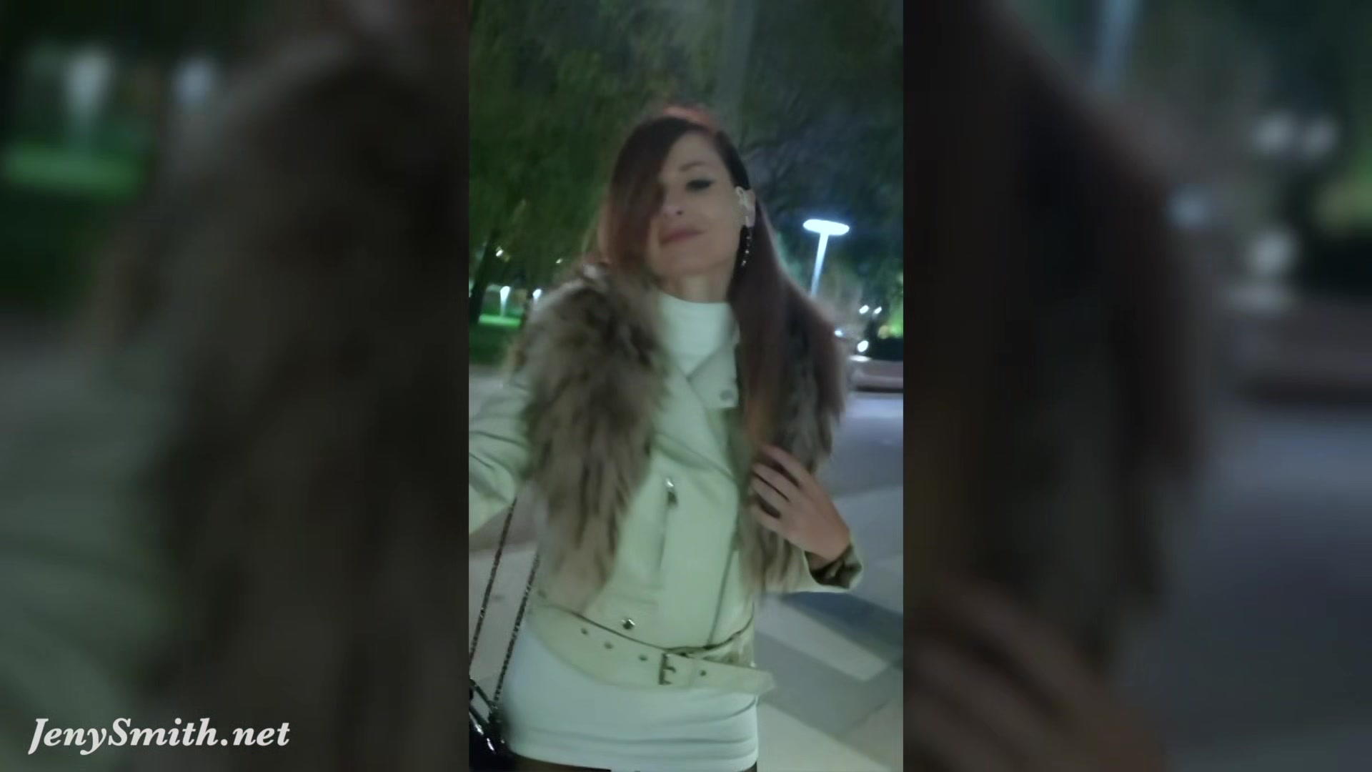 Jeny Smith walks in public in transparent tights without panties