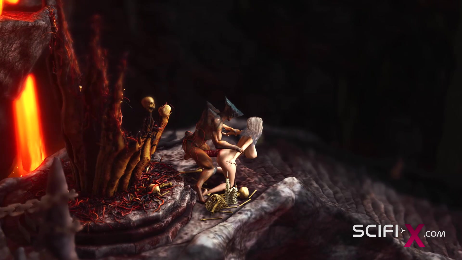 Alien fucks hard a sexy blonde in her ass in the fire cave