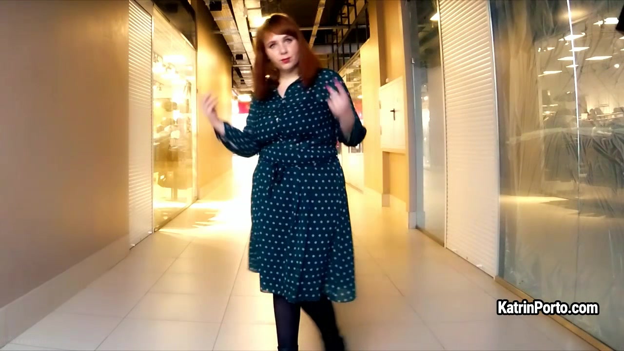 BBW redhead Katrin Porto shows her big tits and hairy cunt in public place