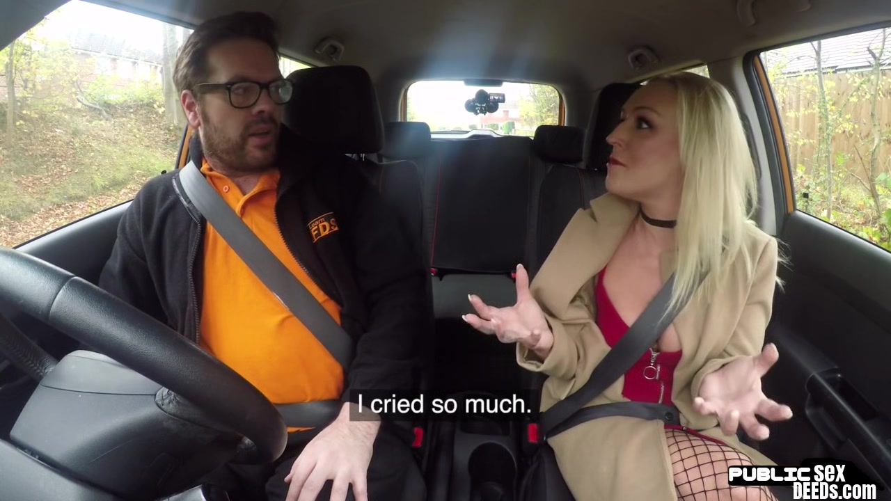 Blonde babe rides in car before blowing and tugging for cum