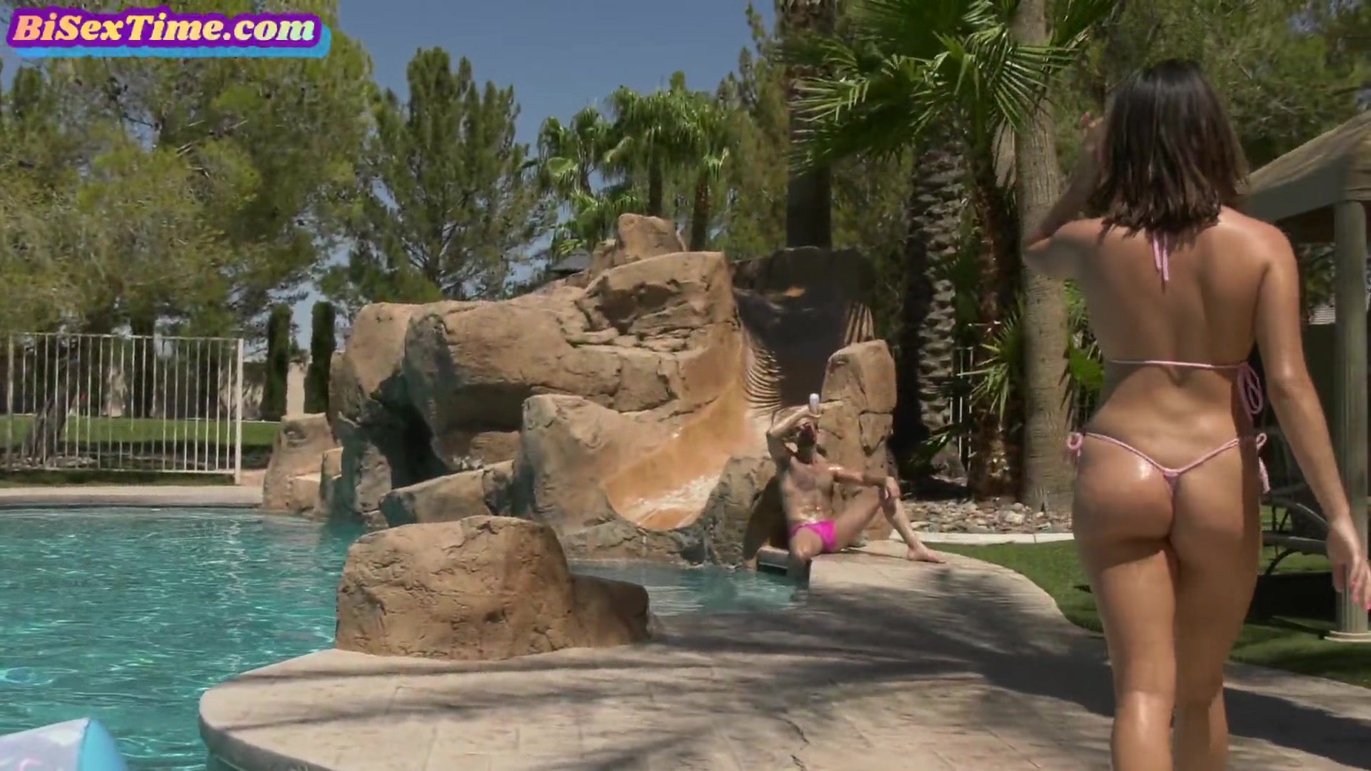 Girlfriend cockriding bisexual boyfriend during pool party