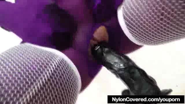 Riding a fake penis in panty-hose