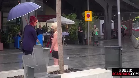 Lezdom redhead MILF shows teen 18+ bondservant outdoor in public