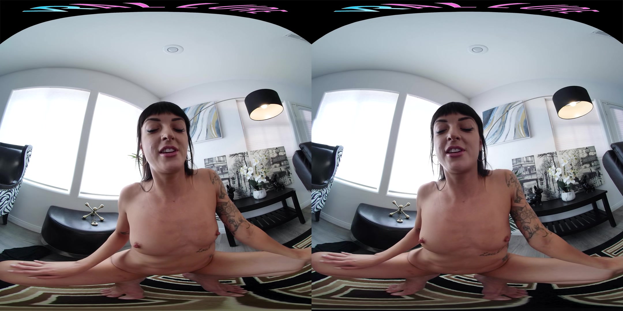 Skinny brunette fucks her ass with a toy in virtual reality