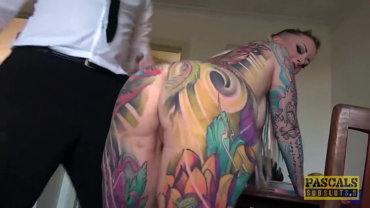 Fully tattooed subslut Piggy Mouth slammed by rough dom