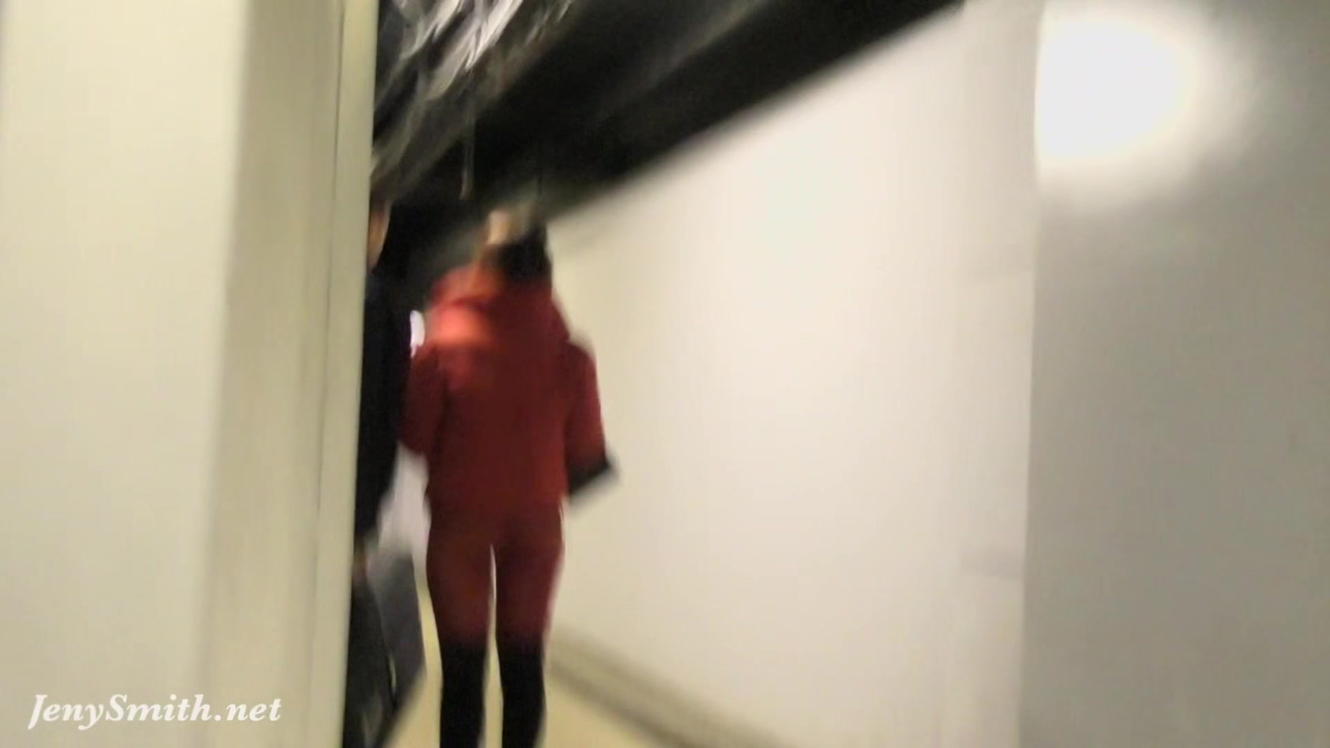 Red Tights. Jeny Smith public walking in tight red pantyhose (no panties)