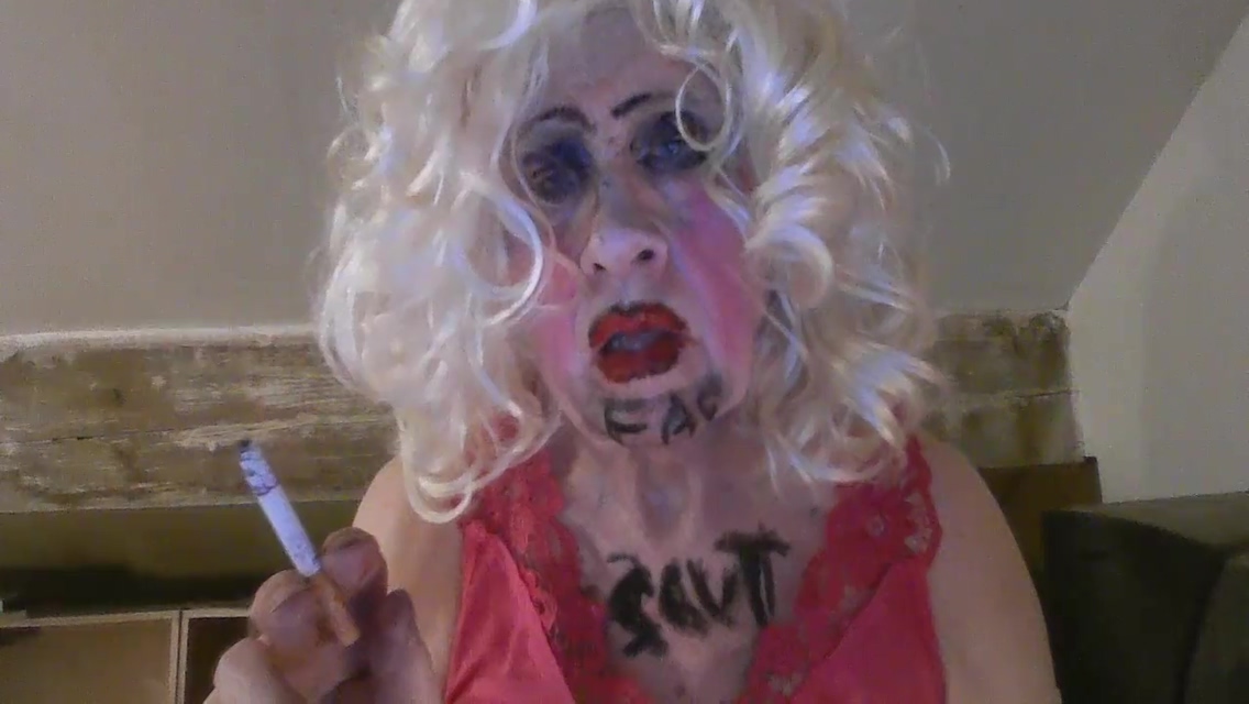 Cd Sissy Sarah Millward Knows Her Id, As Indicated By Whats Written On Her Face And Chest - Fag Slut - As She Smokes, Wanks Her Clit, And Stuffs A Dildo Up Her Nasty Lady Hole 7 Min