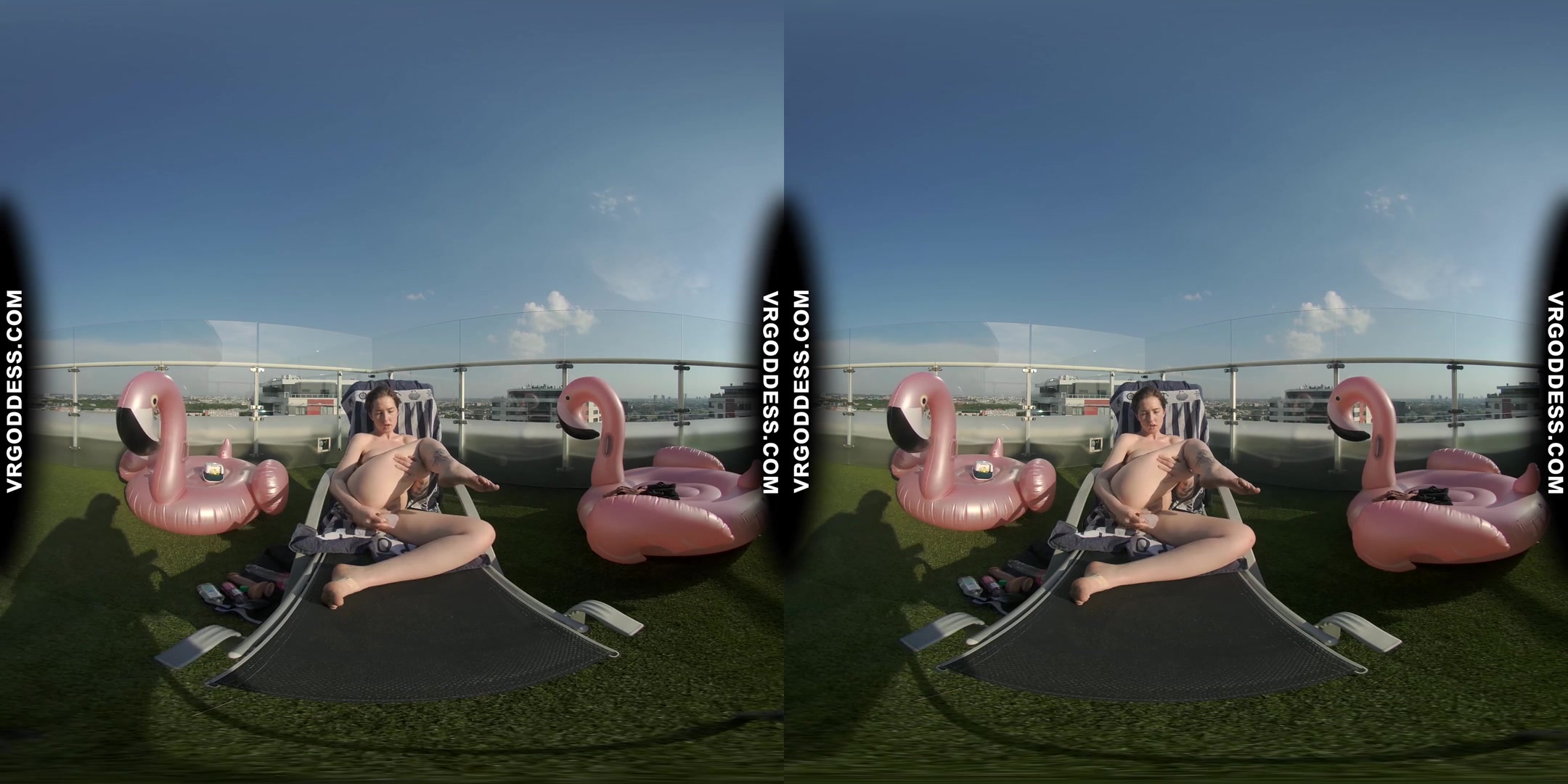 Big Boobed Tattoo Sammy Masturbating With A Dildo In The Sun On Private Penthouse Rooftop