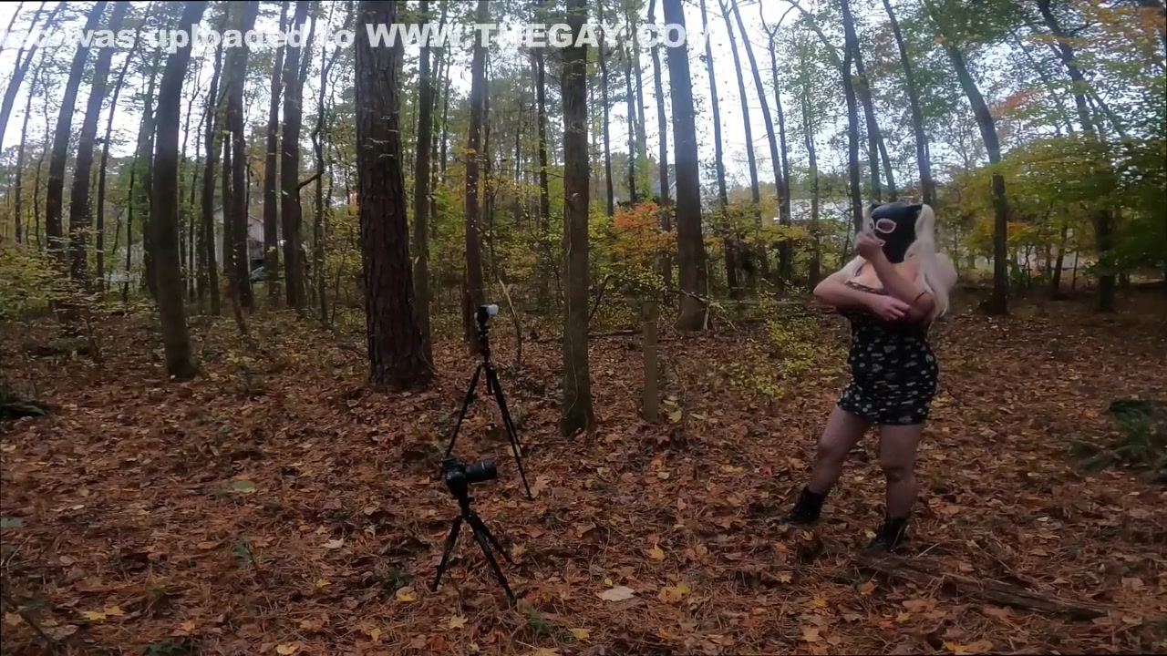 Giant Fake Tits Cross Dresser Naked And Exposed In A Public Wood Masturbating Cum Shot