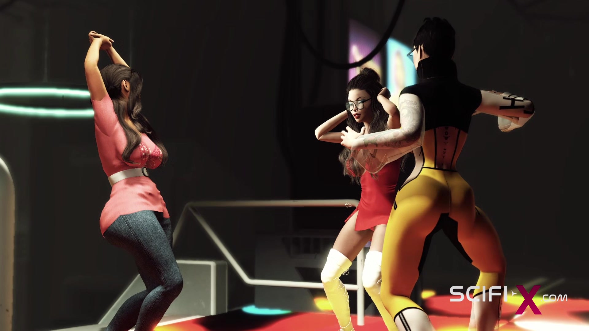 Cyber disco sex. A sexy nerdy girl in cuffs gets fucked by a disco man