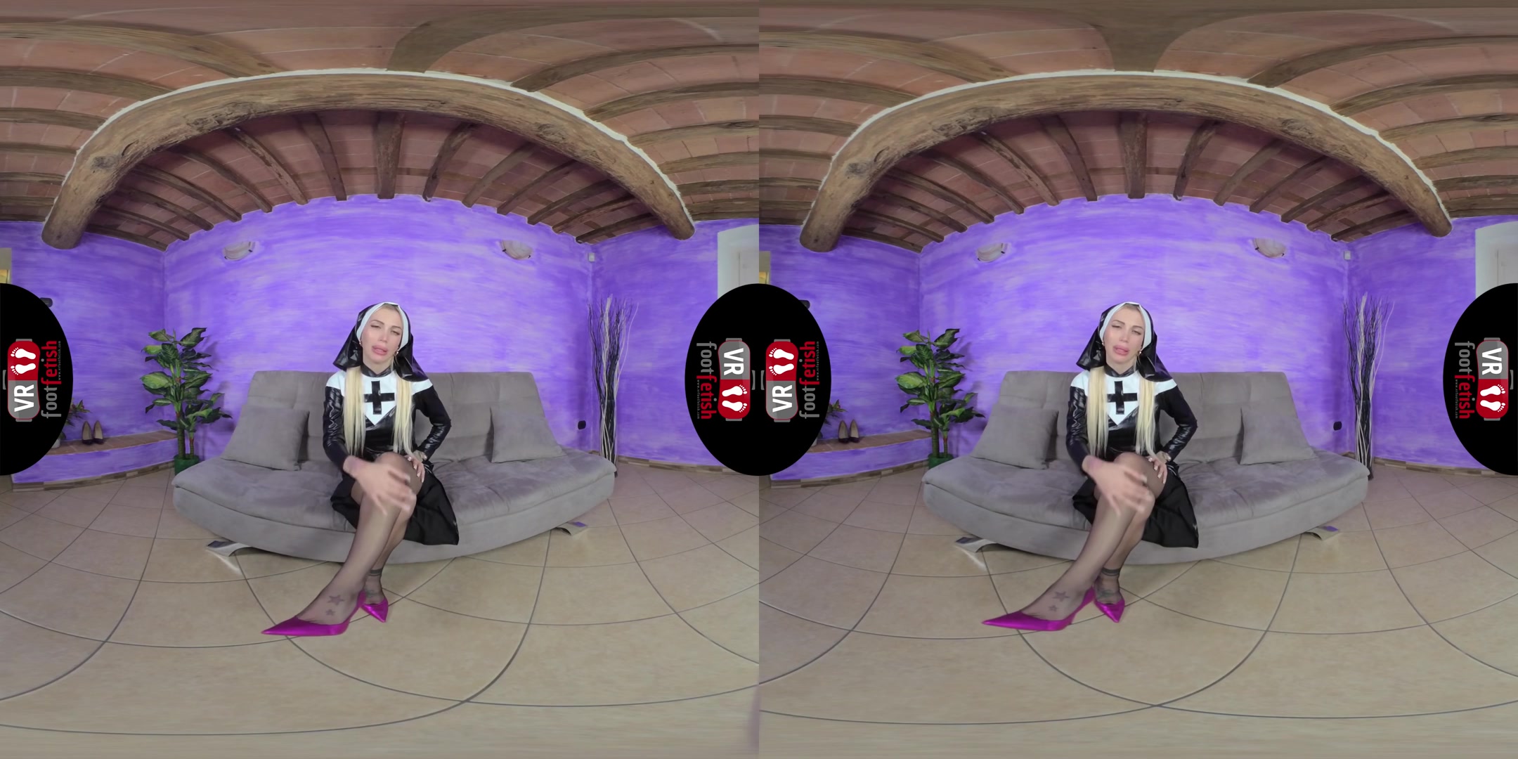Naughty nun Elis Stimulates Her Pussy With A Purple Vibrator - VRFootFetish