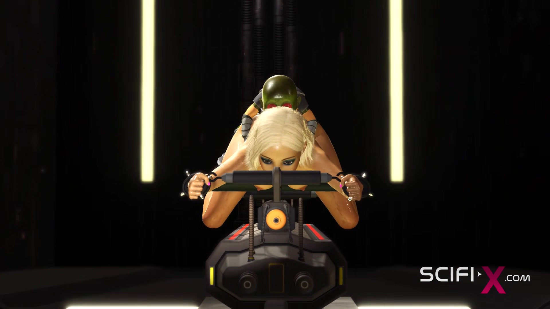 Green alien fucks hard a sexy cuffed girl in the sci-fi lab in a spacecraft