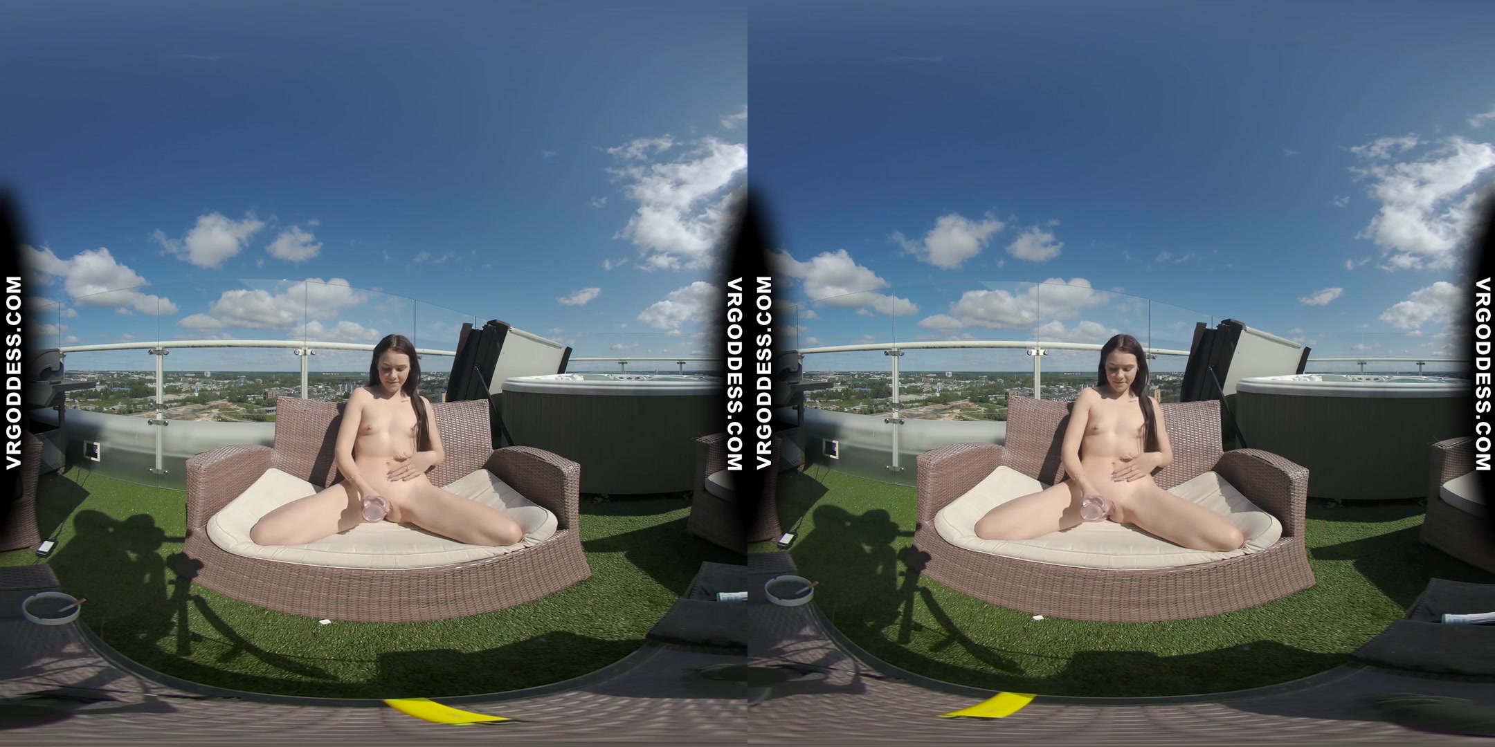 Tiny Matty Smoking Outdoors Then Masturbating With A Huge Clear Dildo