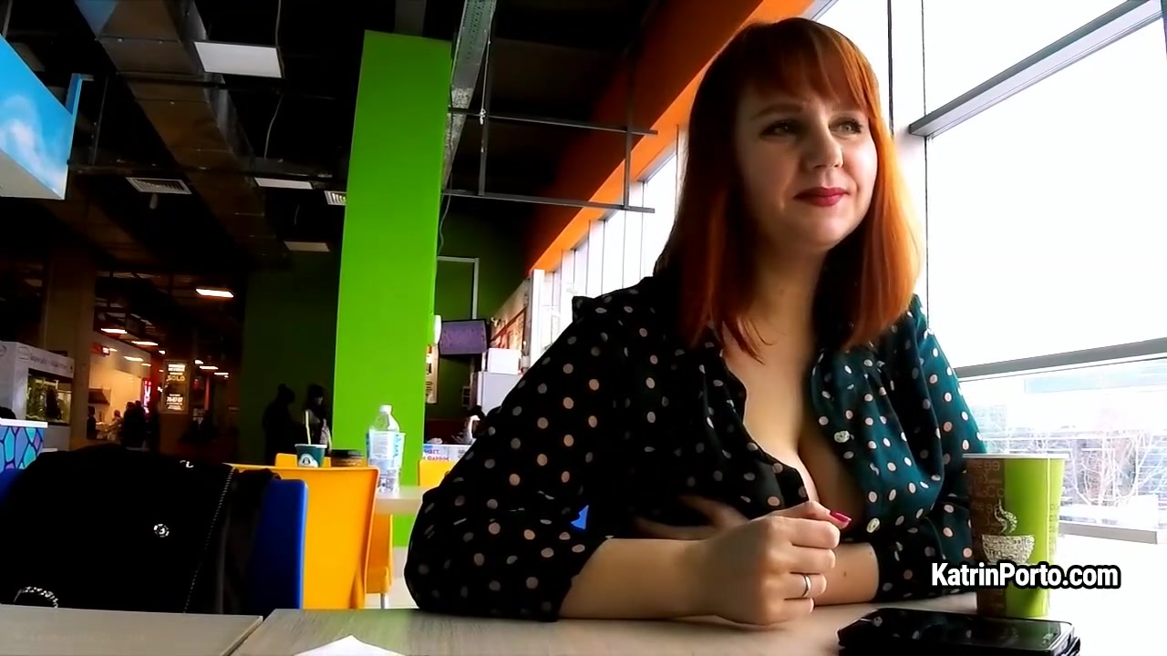 BBW redhead Katrin Porto shows her big tits and hairy cunt in public place