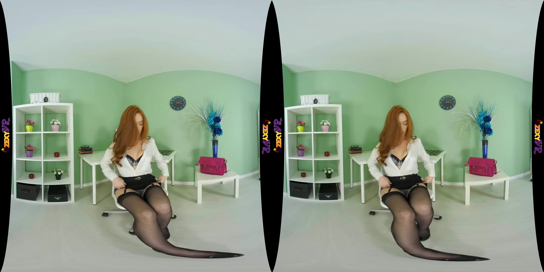 Slackin Off; Tall Thin Redhead Striptease Solo Fishnets Lingerie Office Secretary