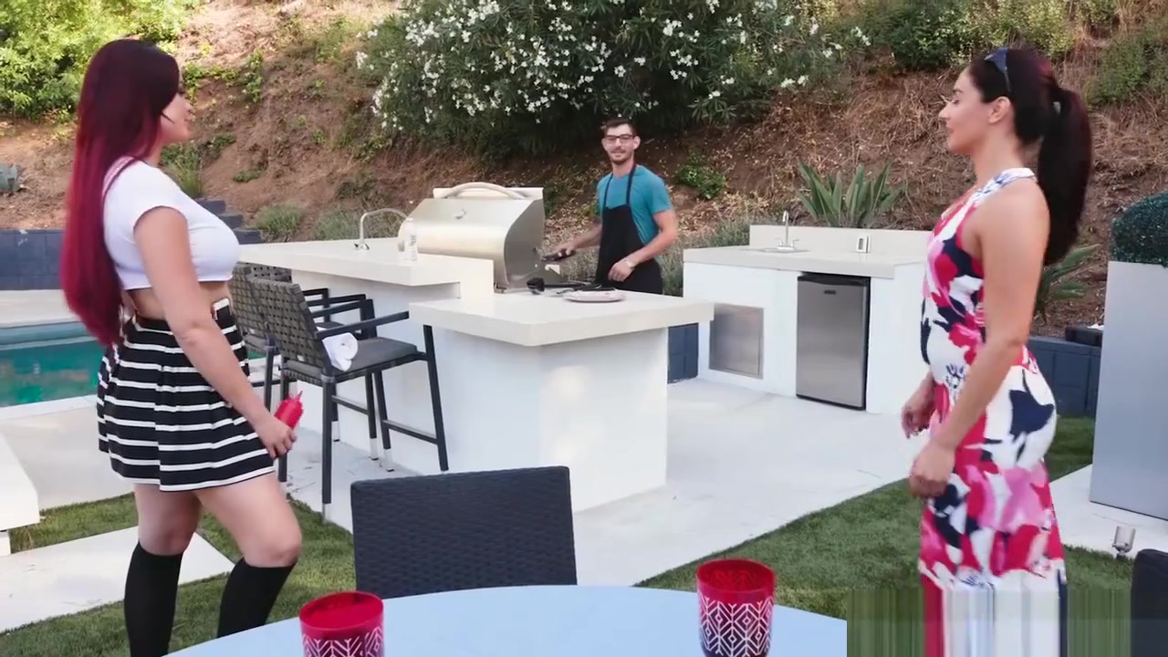 Ginger slut Skyla rides her Step mom's BF in the yard
