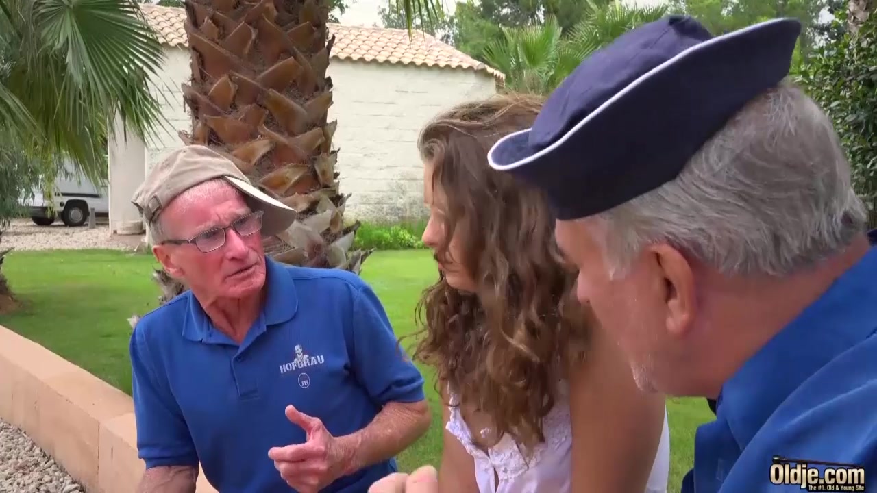 Two Grandpas bang a blonde hair young girl licking twat