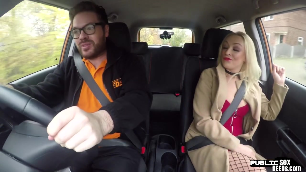 Blonde babe rides in car before blowing and tugging for cum