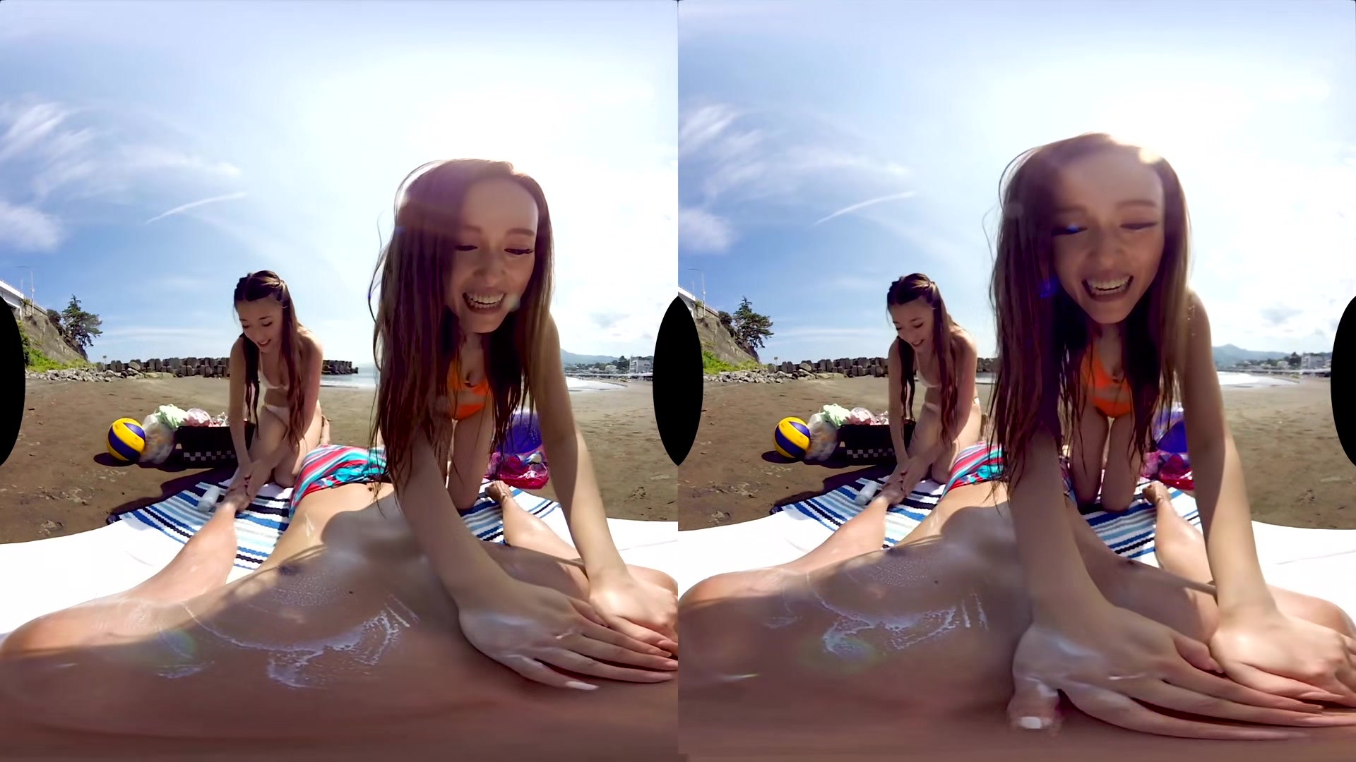 Fun At The Beach Before Threesome At The Onsen; Two Japanese Babes