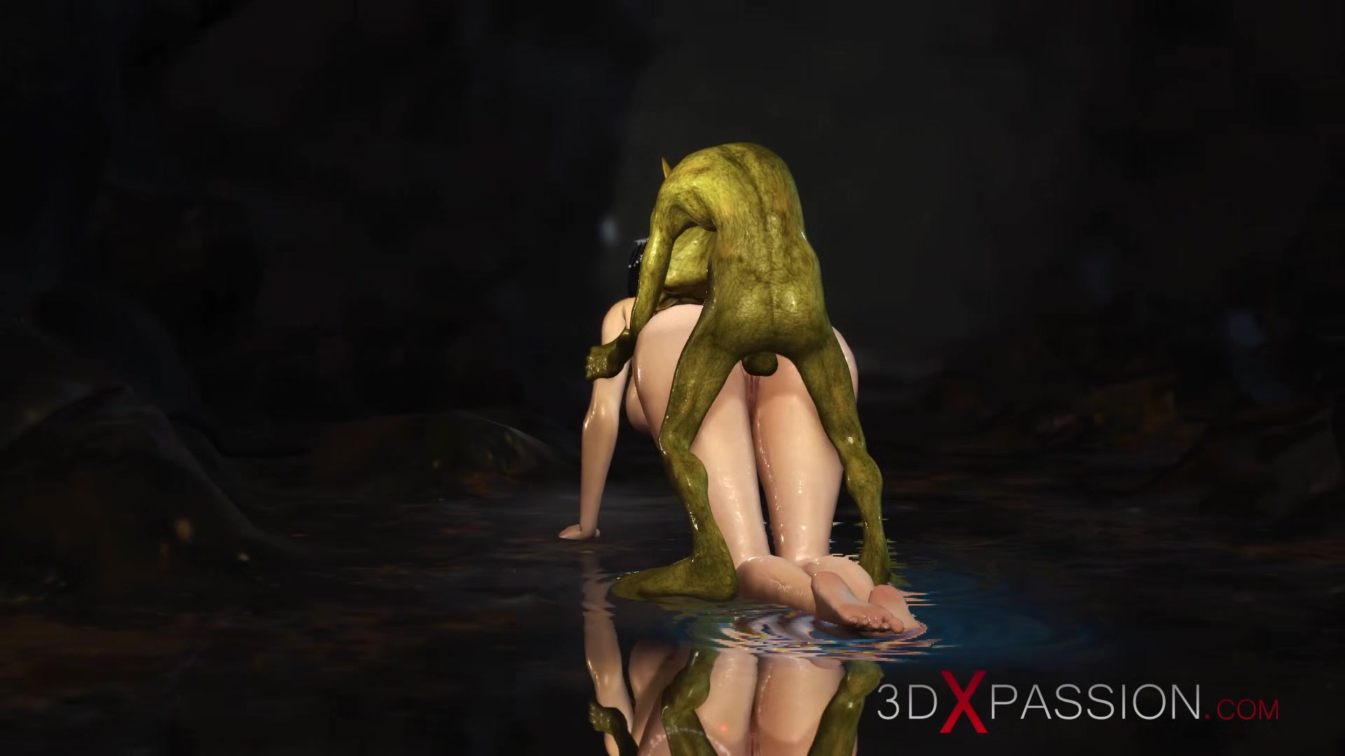 Hot sex! Beautiful young queen gets fucked hard by a Boggles green monster in the mystical cave