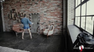 Cute and sexy bearded guy athlete strips naked during gay workout