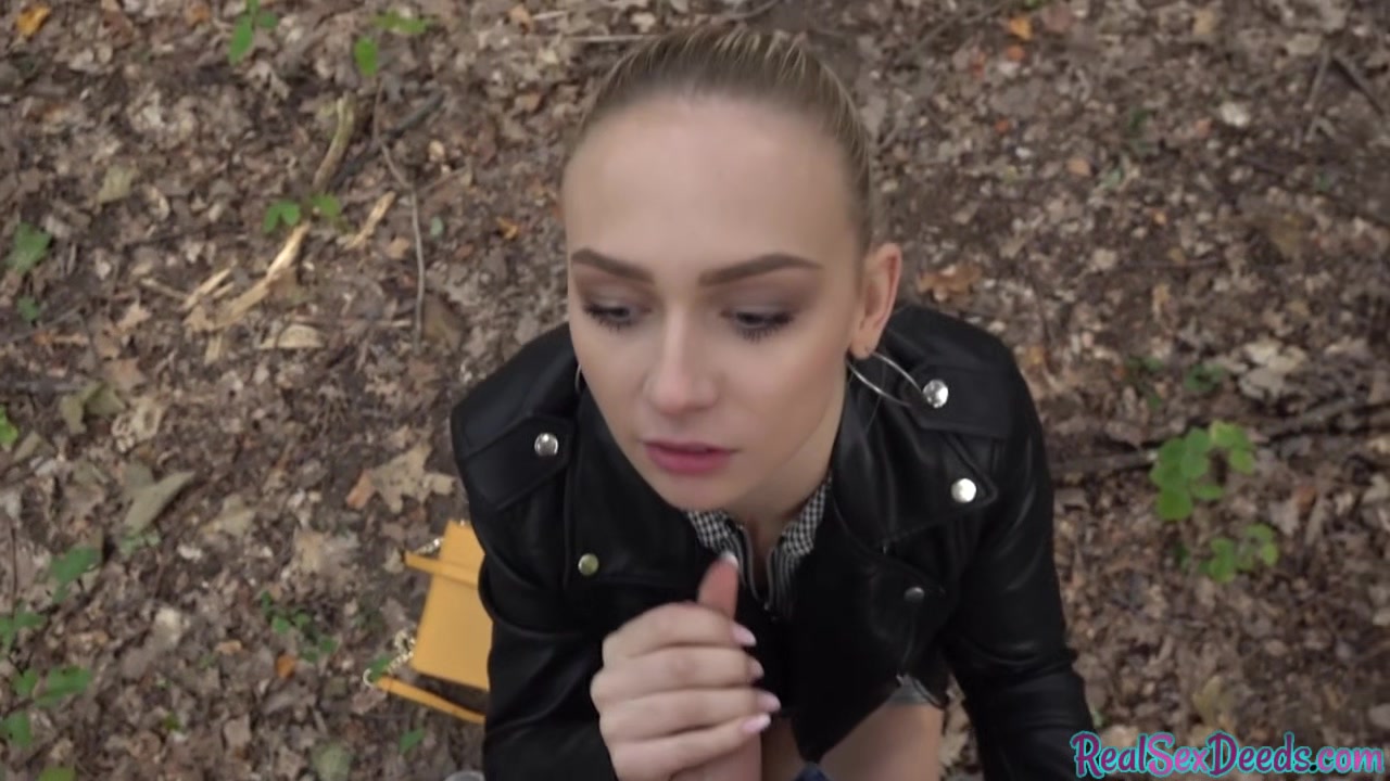 POV babe in leather jacket public fucked outdoor after BJ