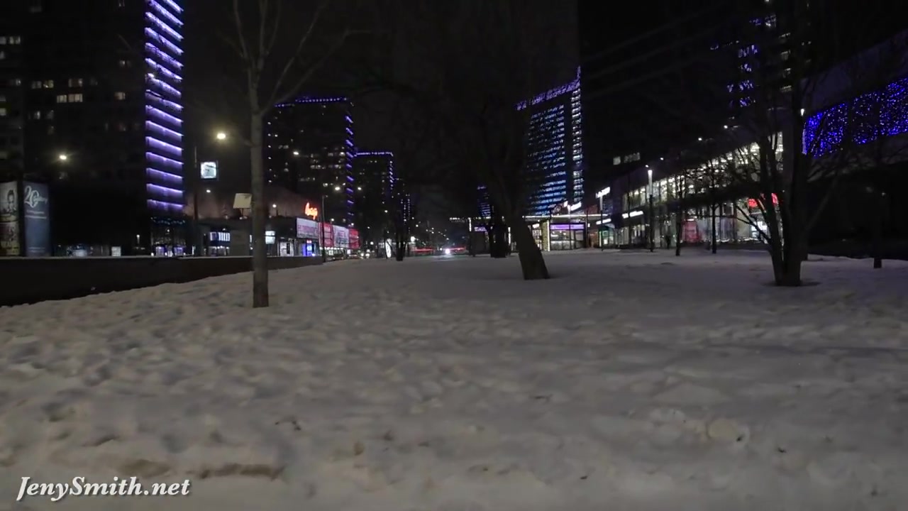 Jeny Smith naked in snow fall walking through the city