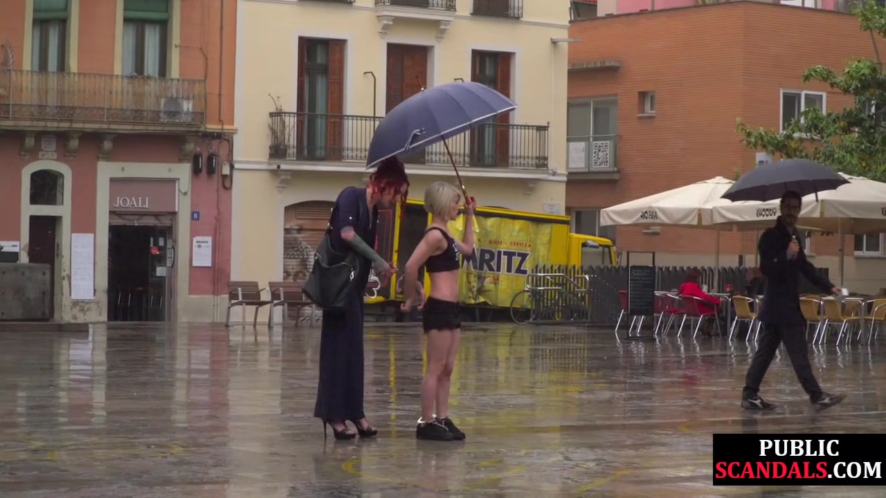 Public perverted naked slut seduced by BDSM lady outdoor