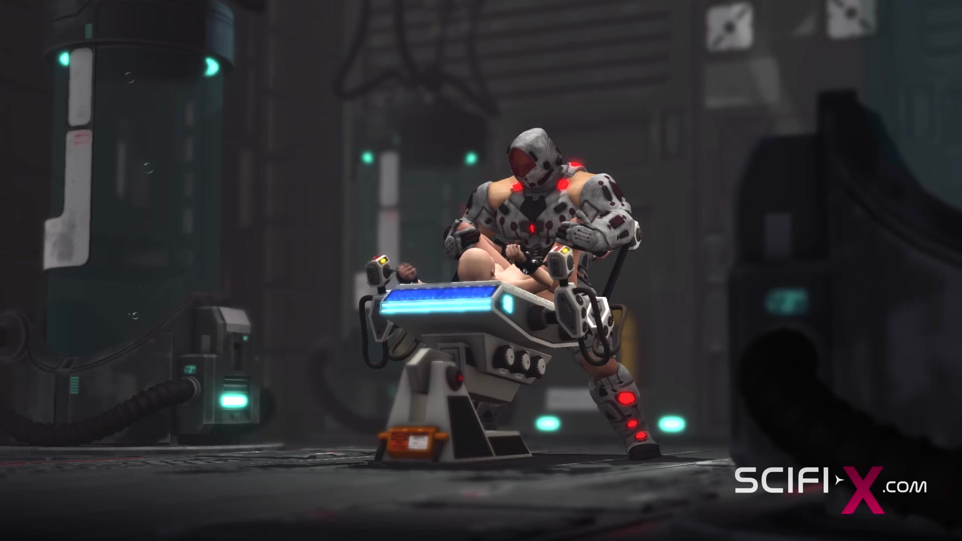 Sci-fi male sex cyborg plays with a sexy young hottie in restraints in the lab