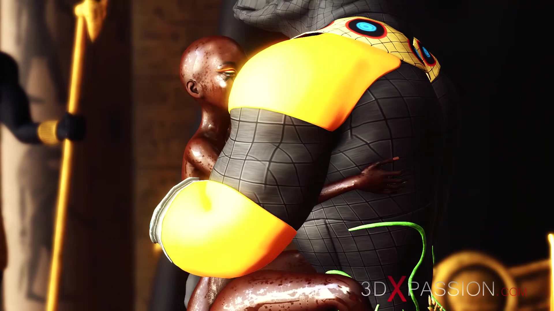Ancient Egypt. Anubis plays with a hot black girl in the temple
