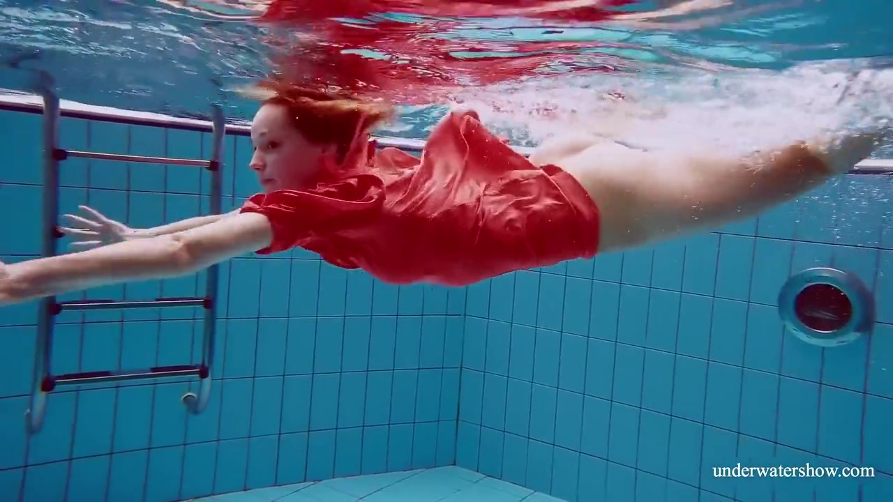 Red Long Dress And Big Tits Floating In The Pool