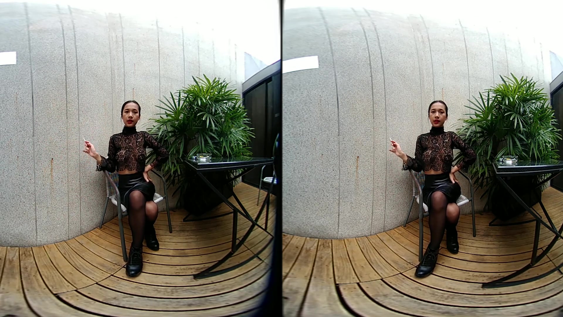 Young Girl Smokes Topless And In Leather Skirt - VRpussyVision