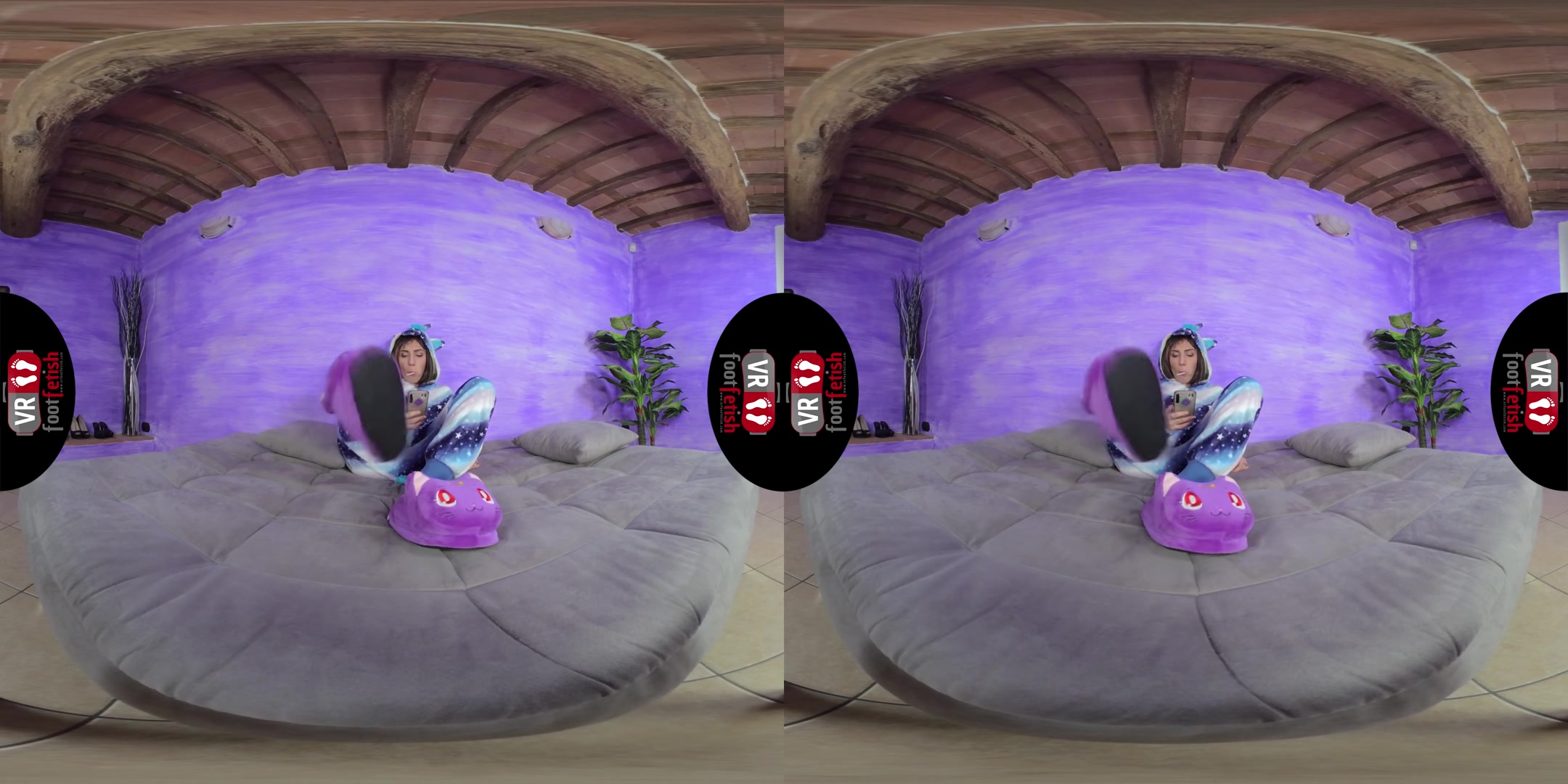 Stunning Aradia In A One-Piece Hooded Pajama And Purple Slippers - VRFootFetish