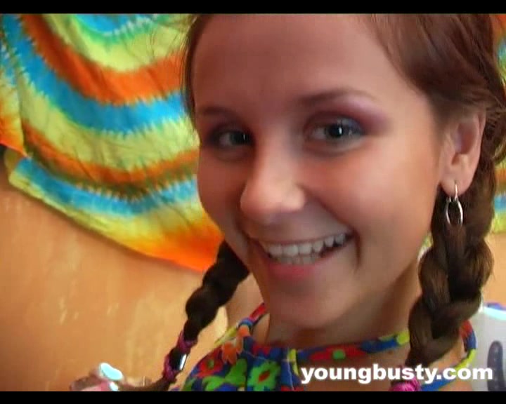 Pigtailed busty young Lucie fuck dildo