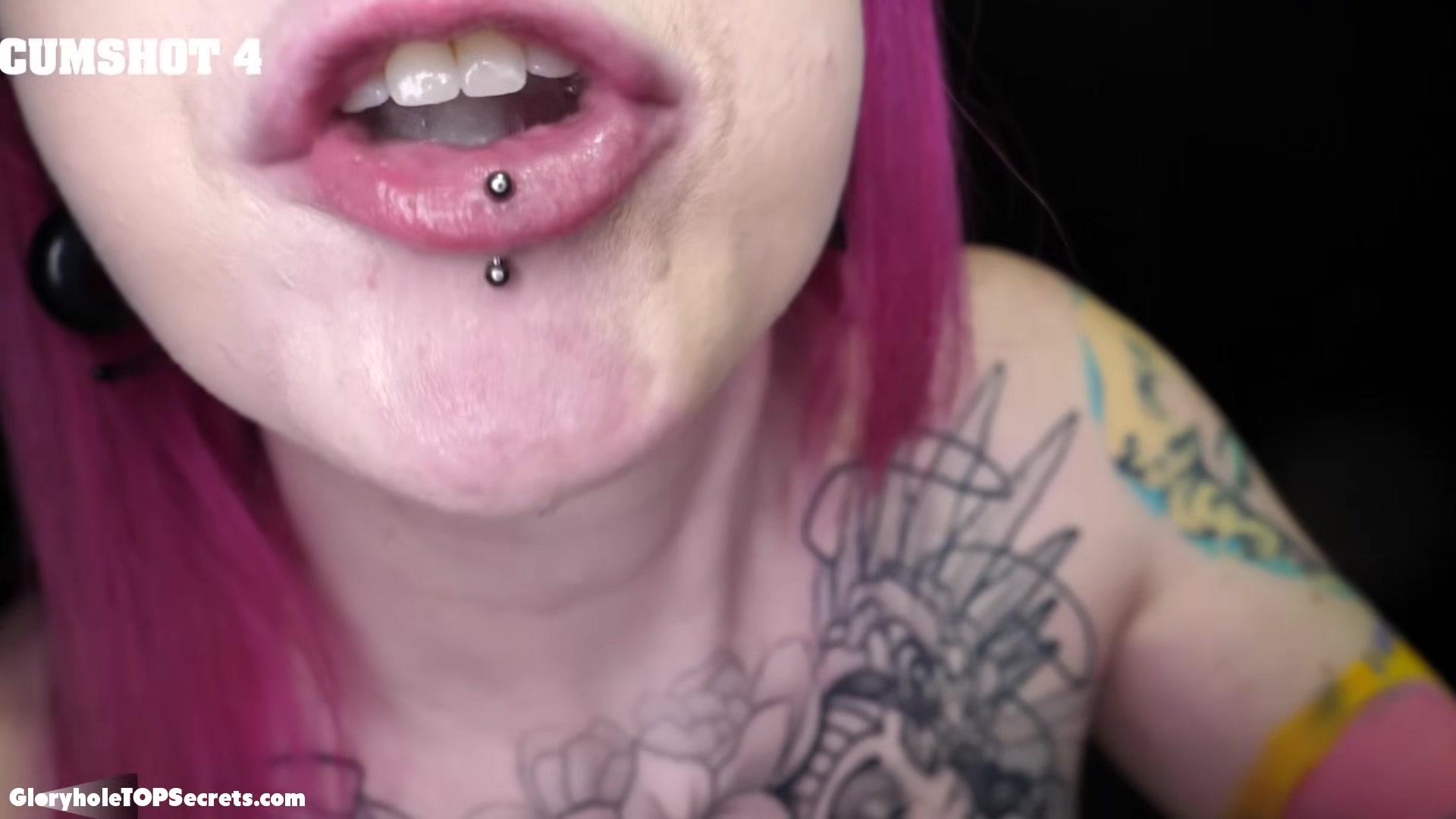 Goth girl w snake tongue swallows 8 gloryhole loads