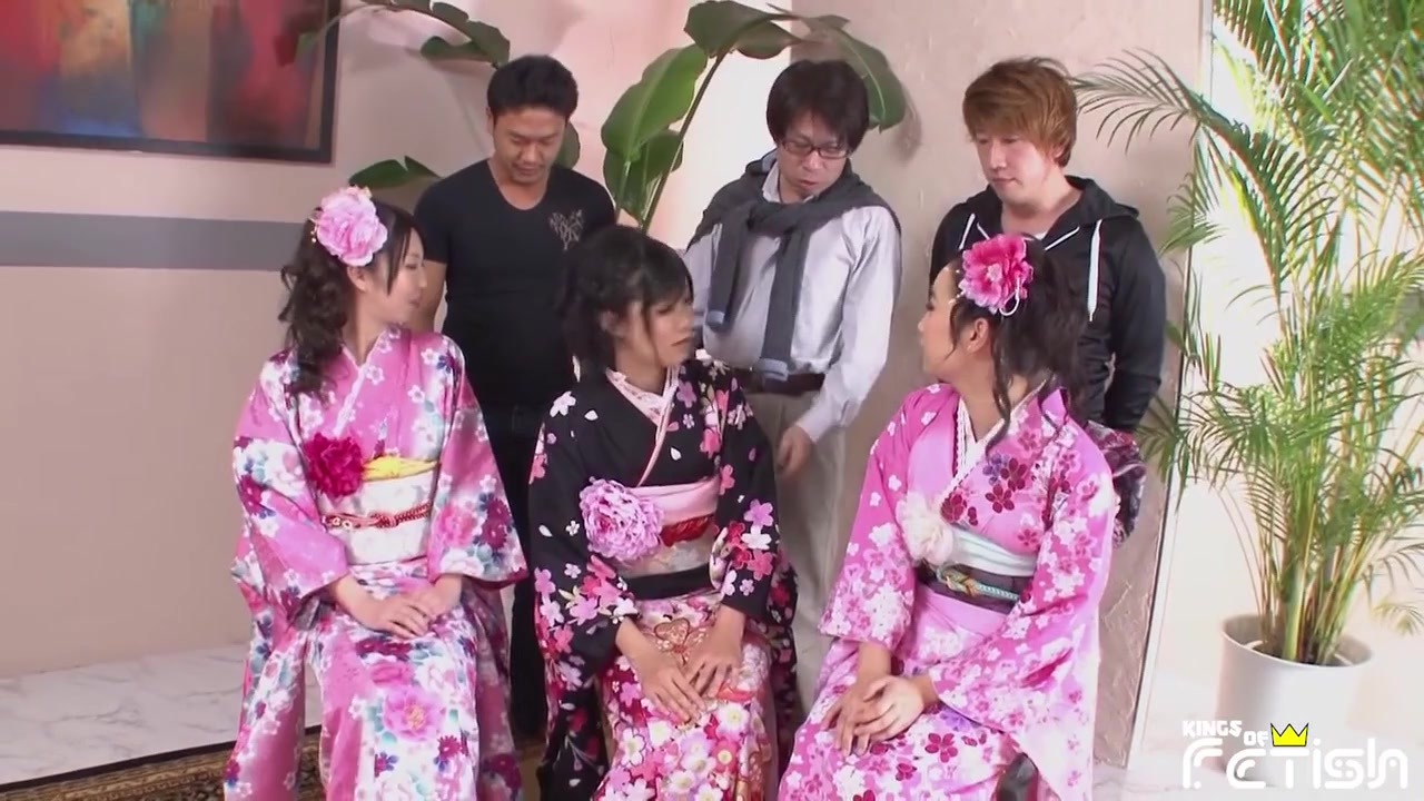 Three Japanese Babes Blow A Group Of Men With Hairy Cocks And Swallow Cum