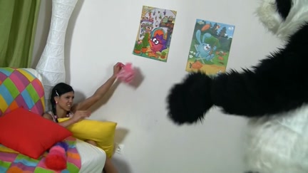 Panda toy copulates a cute teenage beauty