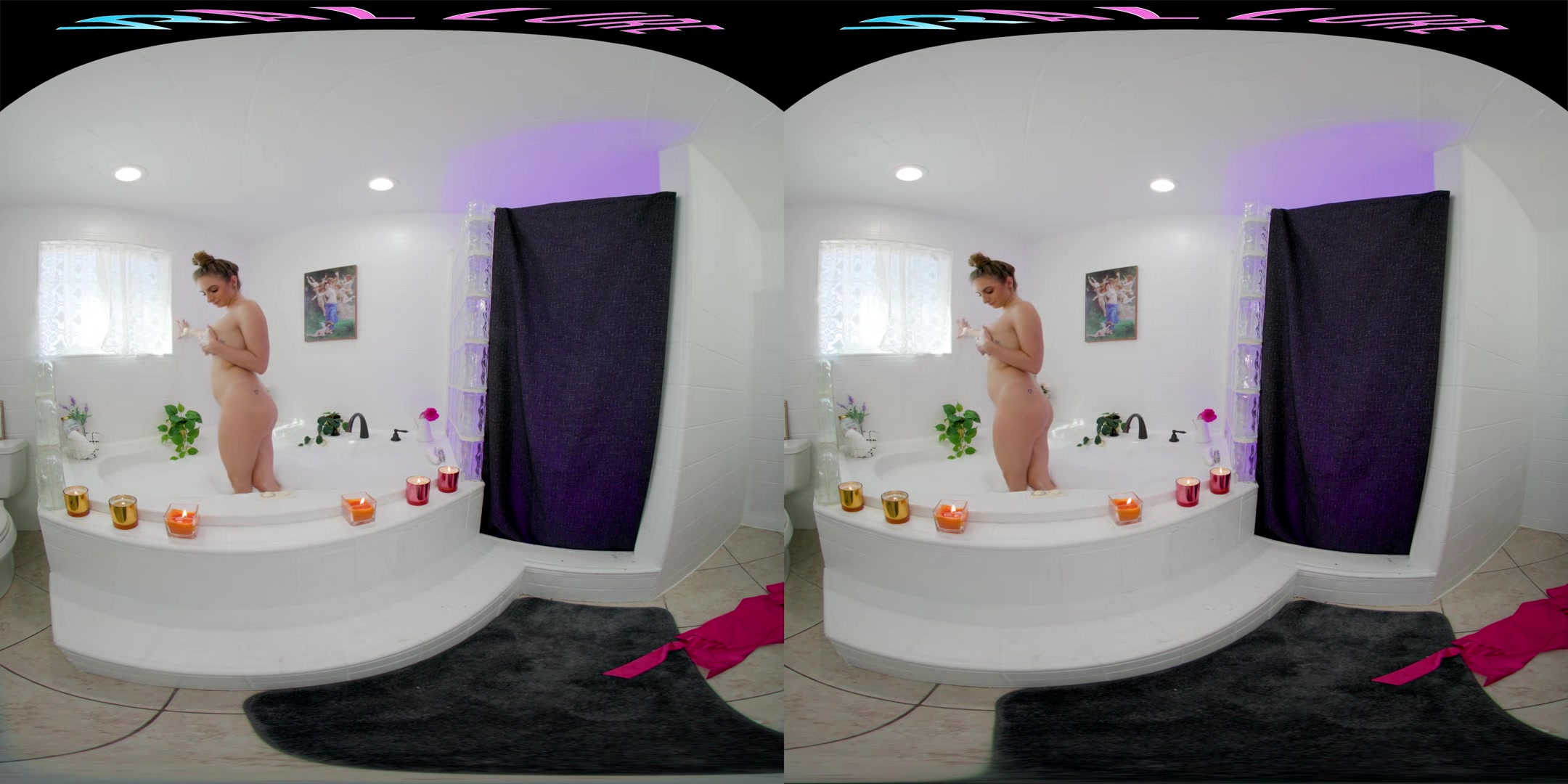 Naturally busty babe plays with her toys while in a bubble bath in VR
