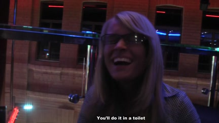 Blond with glasses engulfing strapon
