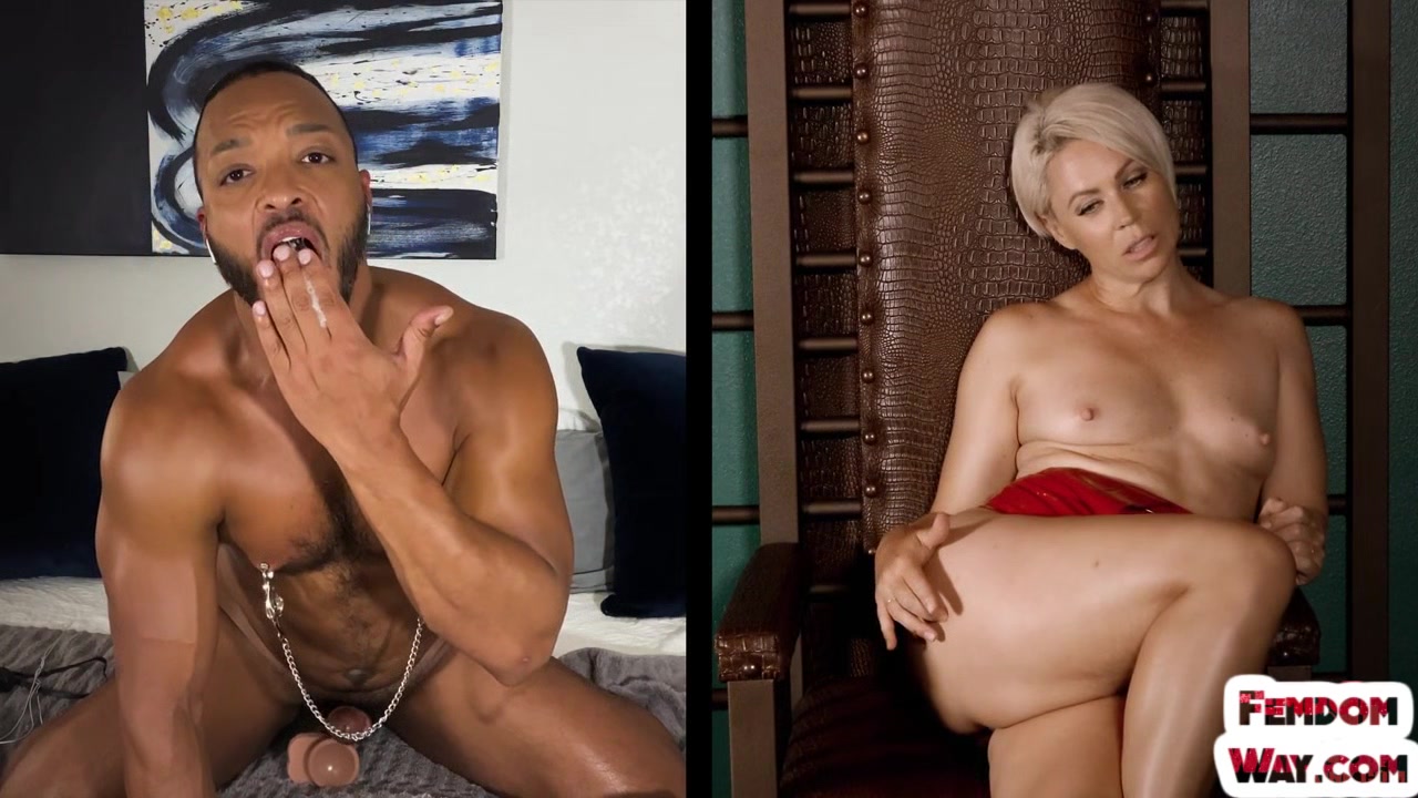 Latex femdom MILF coerces sub on whipping and nipple clamps