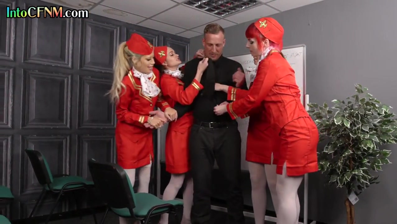 CFNM stewardesses suck dong in group femdom BJ action