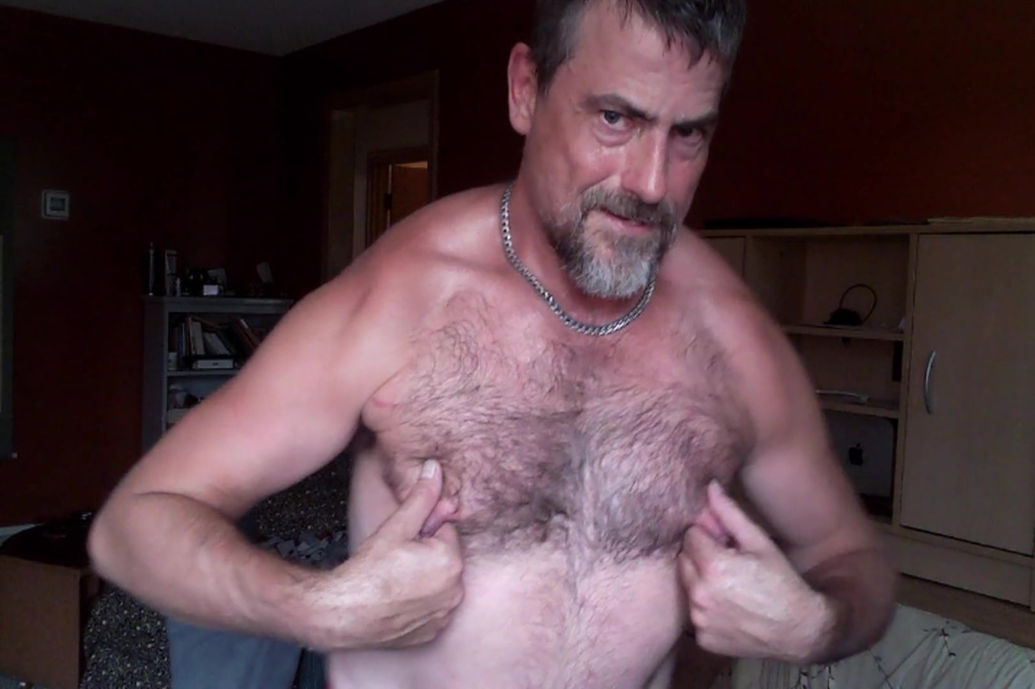 Gay Step daddy Fiend Pig Playing With His Pumped Nipples