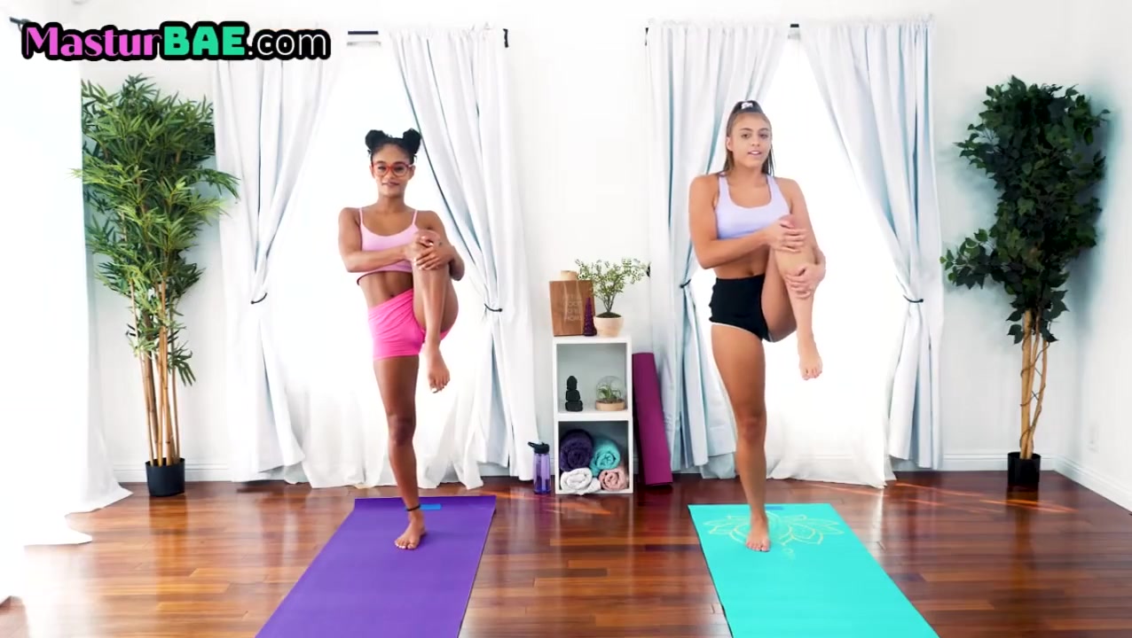 Petite ebony yoga lesbian stretches before scissoring