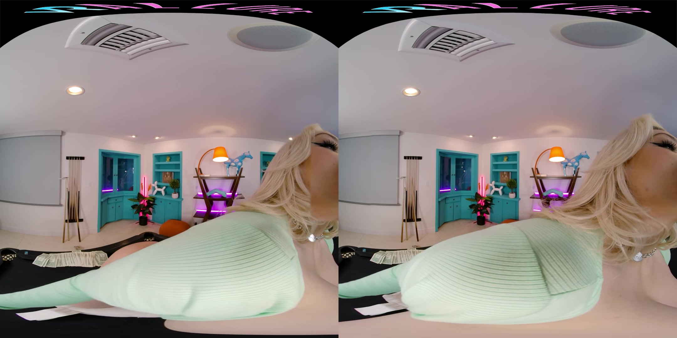 Seductive blonde with big boobs gives you a steamy show in VR