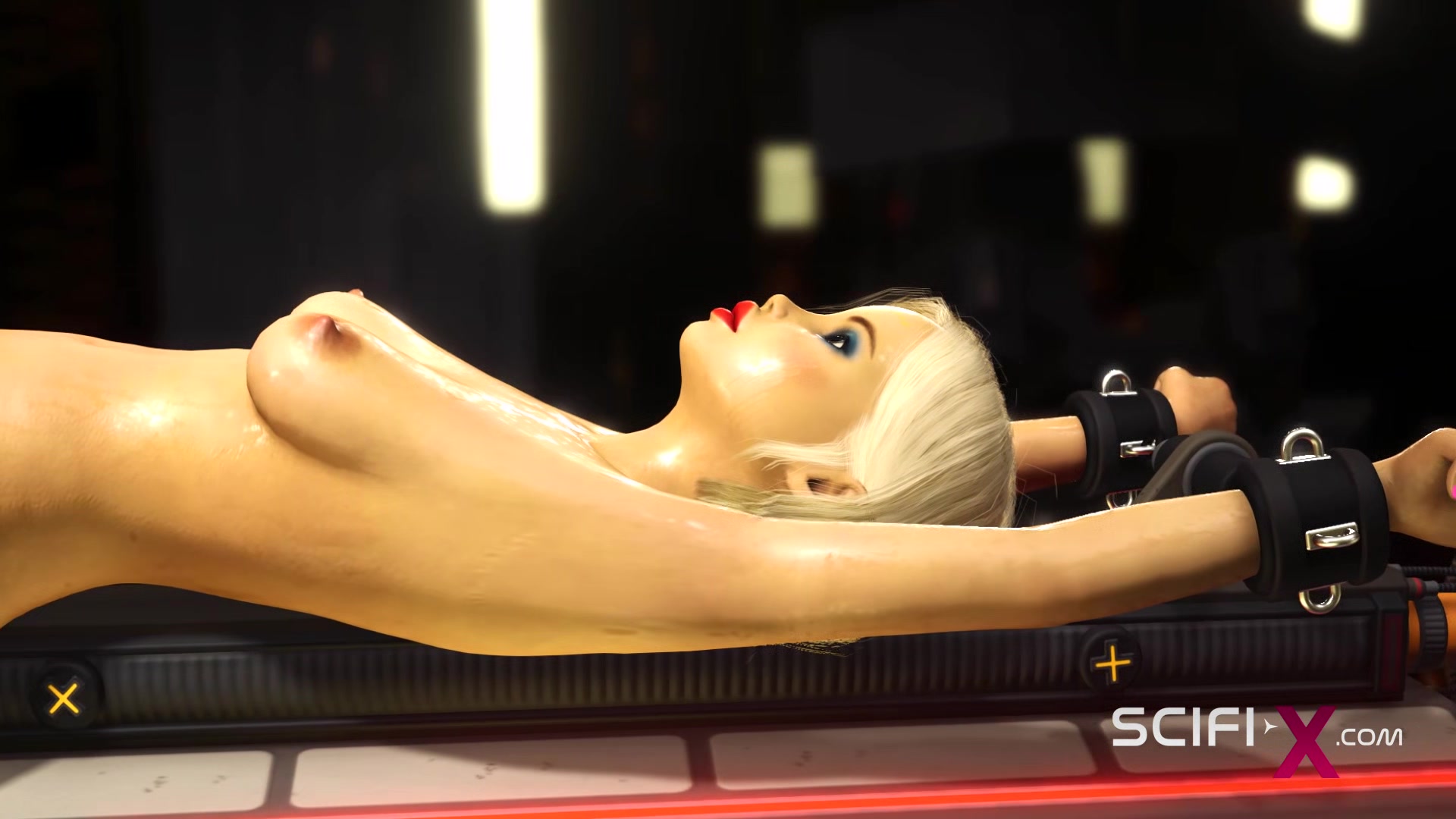 Green alien fucks hard a sexy cuffed girl in the sci-fi lab in a spacecraft
