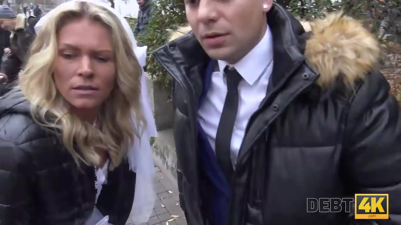 DEBT4k. Slutty young wife cheats on husband for cash in front of him