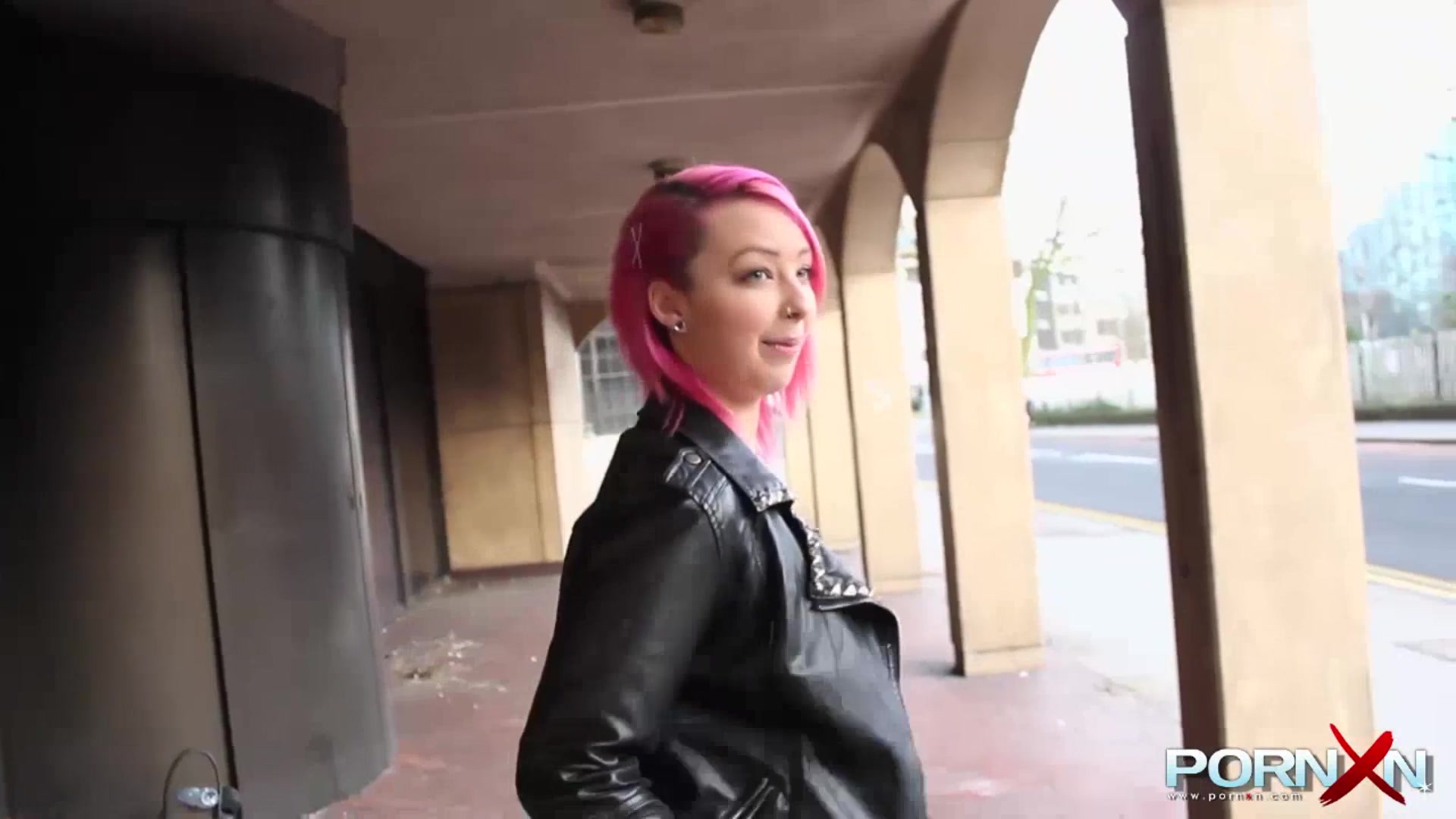 Pink hair slut flashing in public