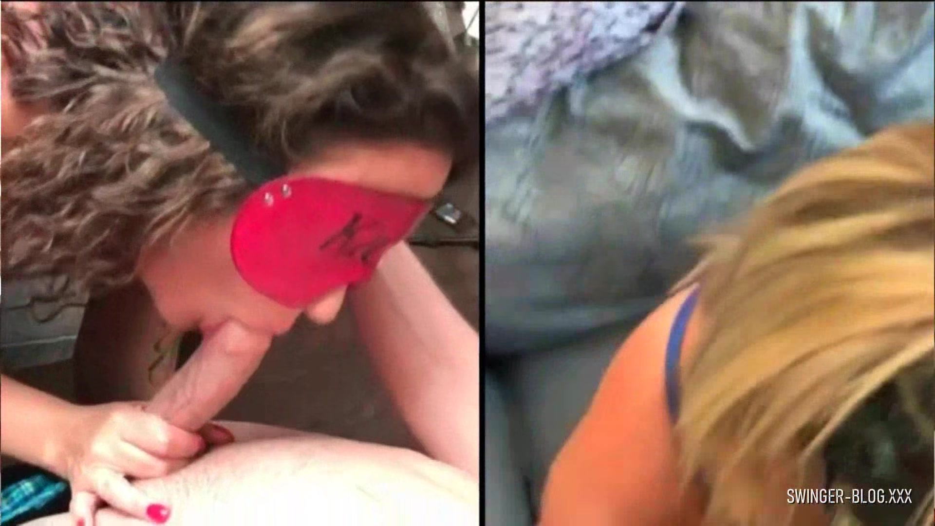 Blindfolded amateur MILFs sucking fat dicks in group orgy