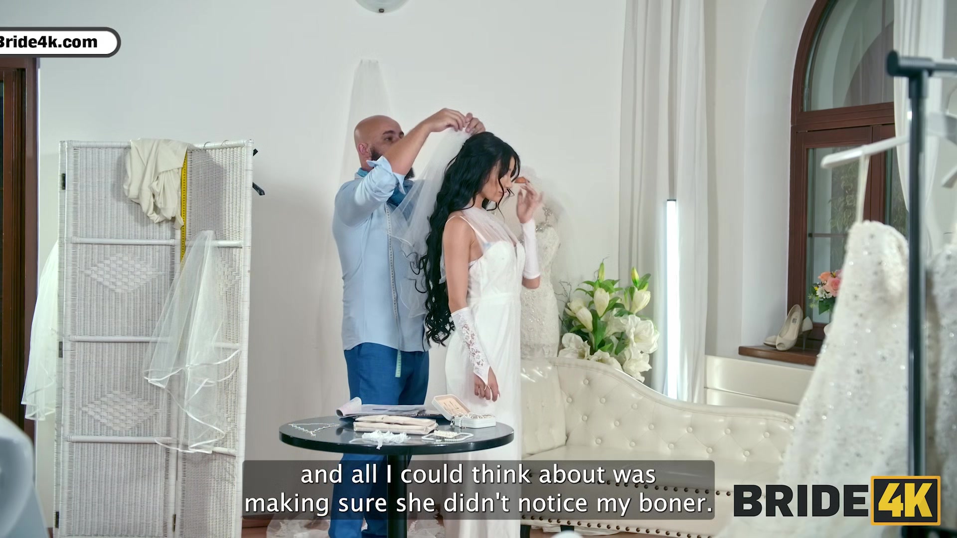 BRIDE4K. Sexy skinny brunette gave her young body to a wedding salon owner with a huge dick